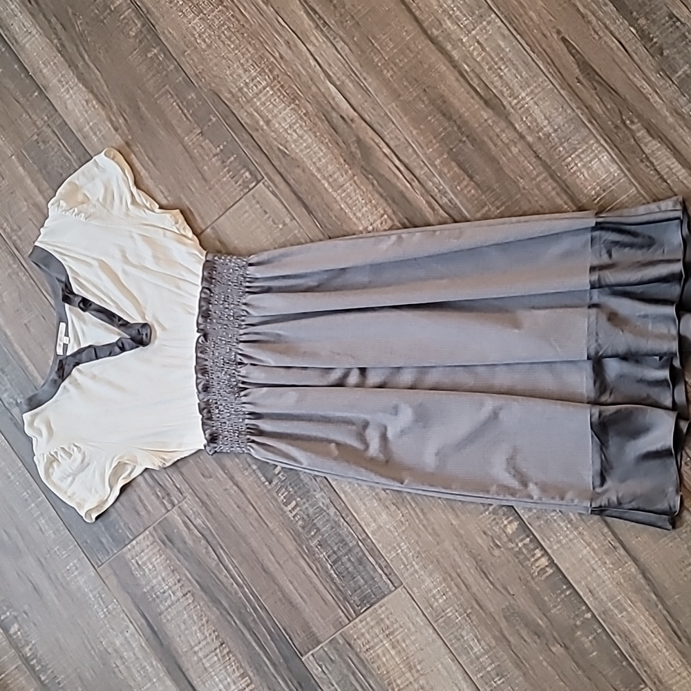 Matty M Sinch high-waisted Grey Pinstripe  Midi Dress Silk Trim Large